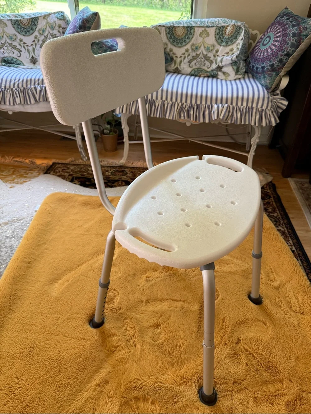 White Shower/Transfer Bench with Gray Legs adjustable for highest comes withgift